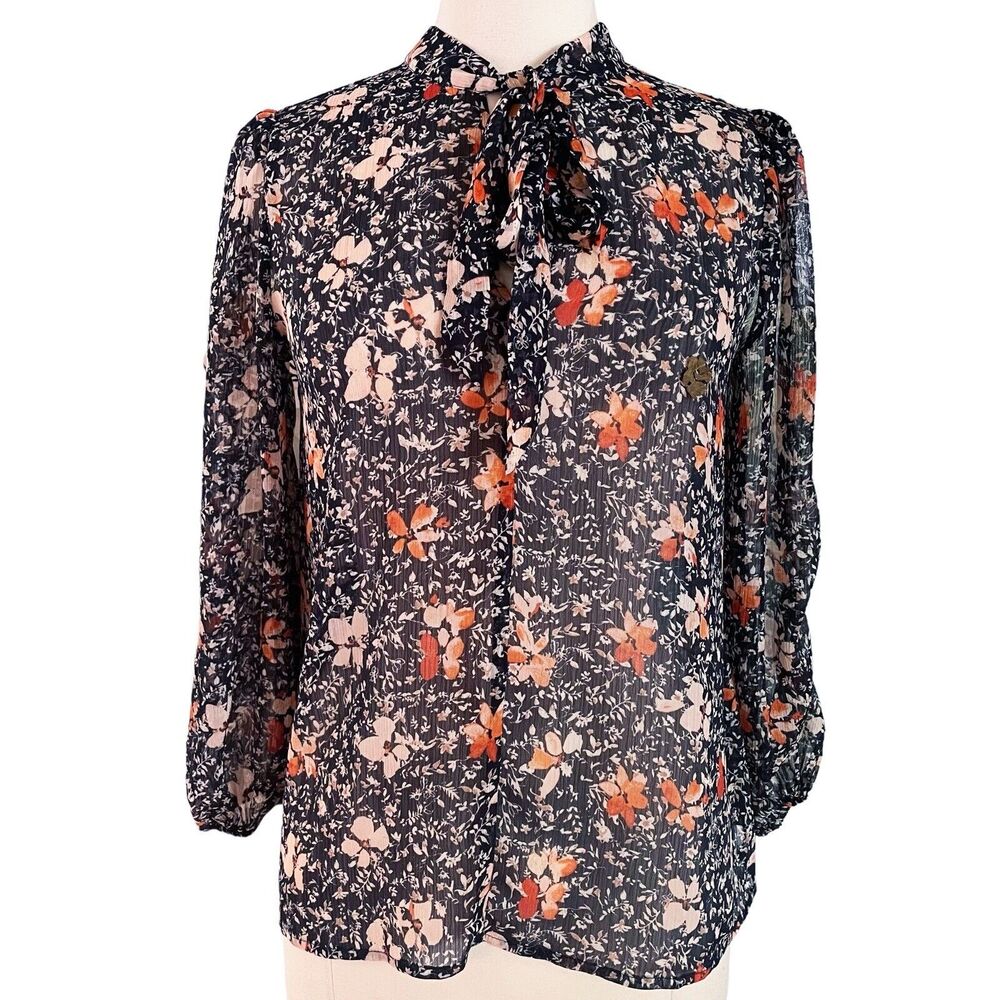 Mystree Navy‎ Floral Top Sz S Boho Floral Tie Opaque Gathered Sleeve Lightweight